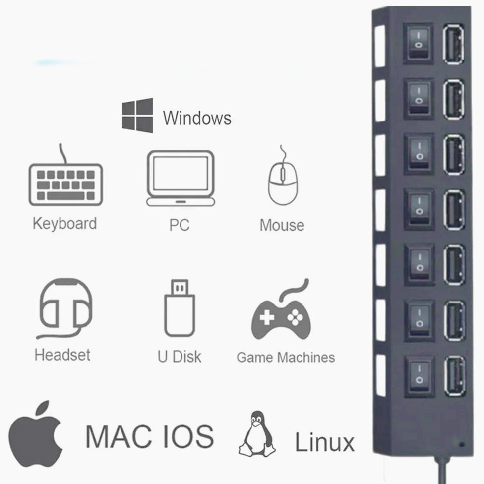 Hub USB 2.0 7 porte – con interruttori On/Off e LED - ambraled