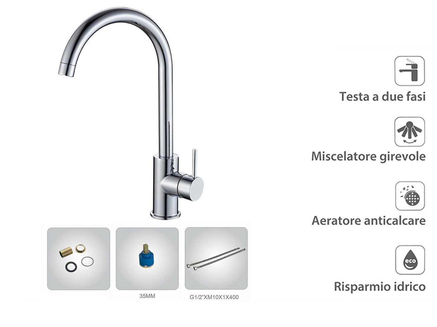Rubinetto da cucina canna alta orientabile moderno lucido