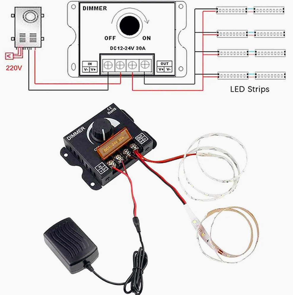 Dimmer LED 12-24V 30A – interruttore con manopola - ambraled