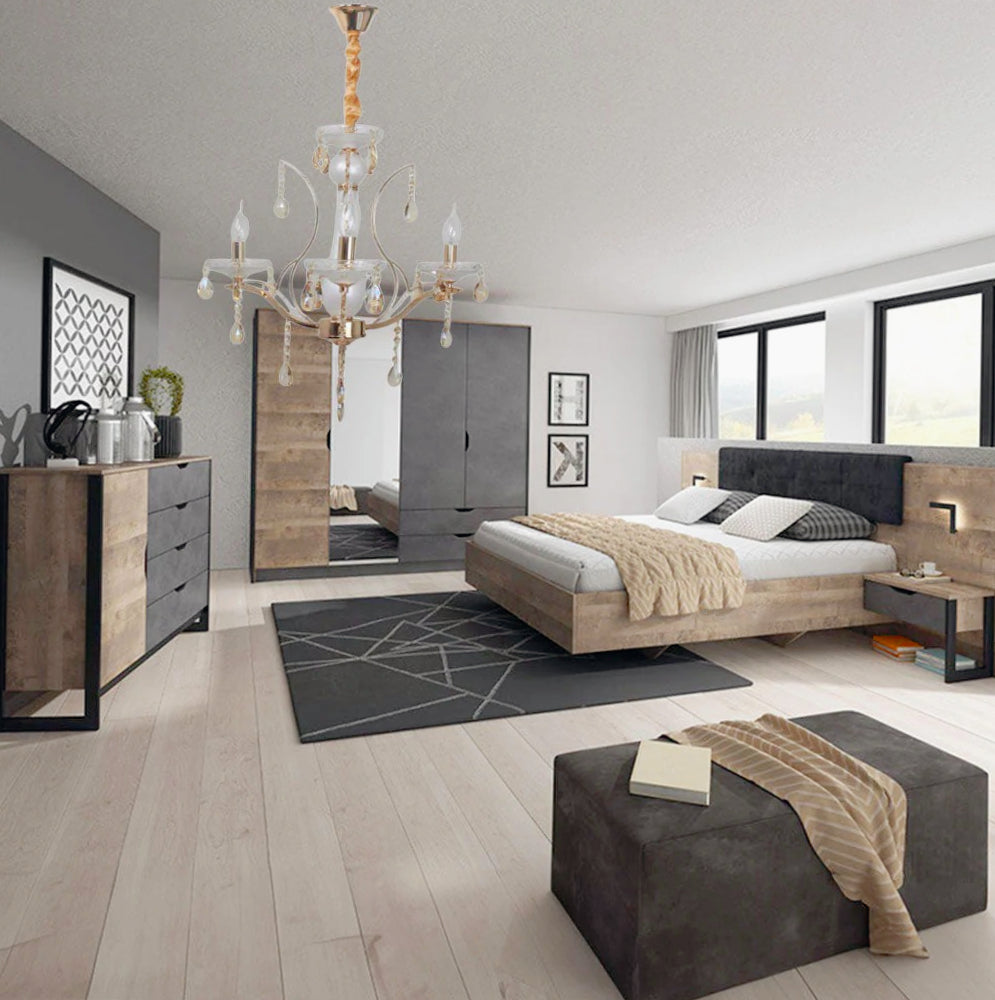 Lampadario a 3/5/8 bracci – Finiture bianco perlato e oro, pendenti decorativi E14 - ambraled