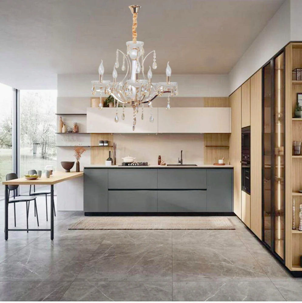 Lampadario a 3/5/8 bracci – Finiture bianco perlato e oro, pendenti decorativi E14 - ambraled