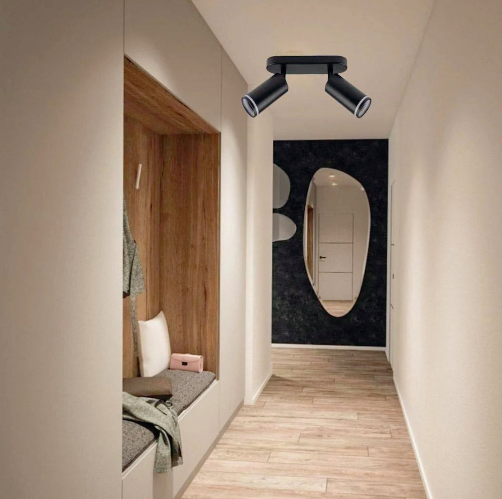 Plafoniera orientabile a 2 diffusori GU10 (installazione su soffitto o parete) - ambraled