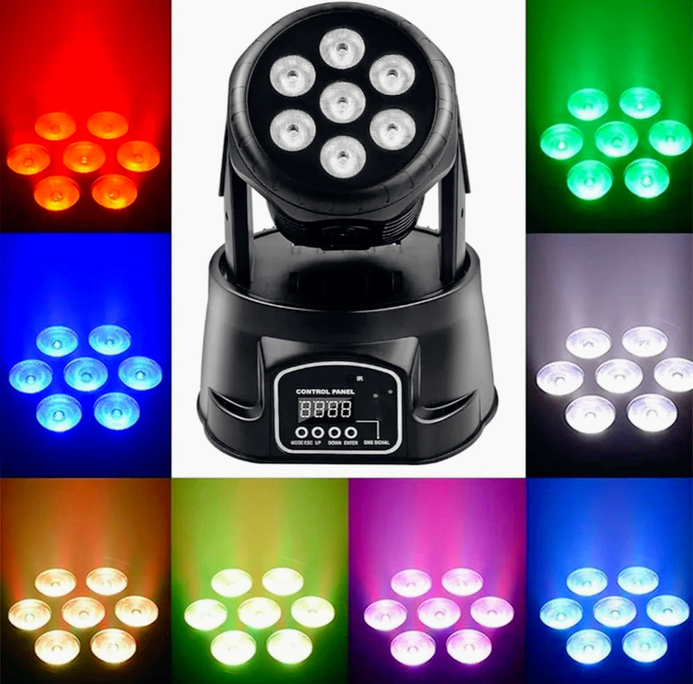 Testa mobile LED RGB – Rotante, strobo, funzione DMX, 9/14 canali, sensore suono e luce
