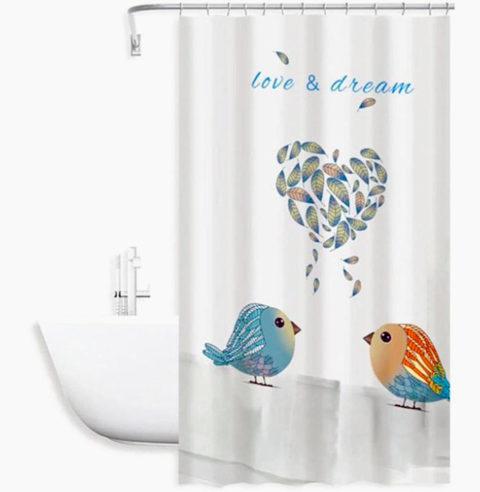 Tenda da doccia impermeabile in PVC – 180×180 cm, 12 ganci, motivo uccelli e cuori