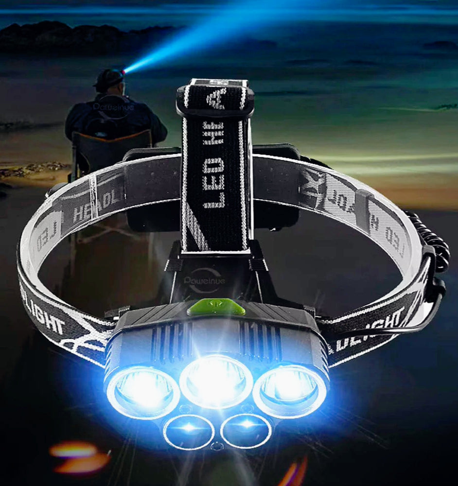 Torcia frontale ricaricabile – 5 LED (3 bianche + 2 blu), 5 modalità di luce