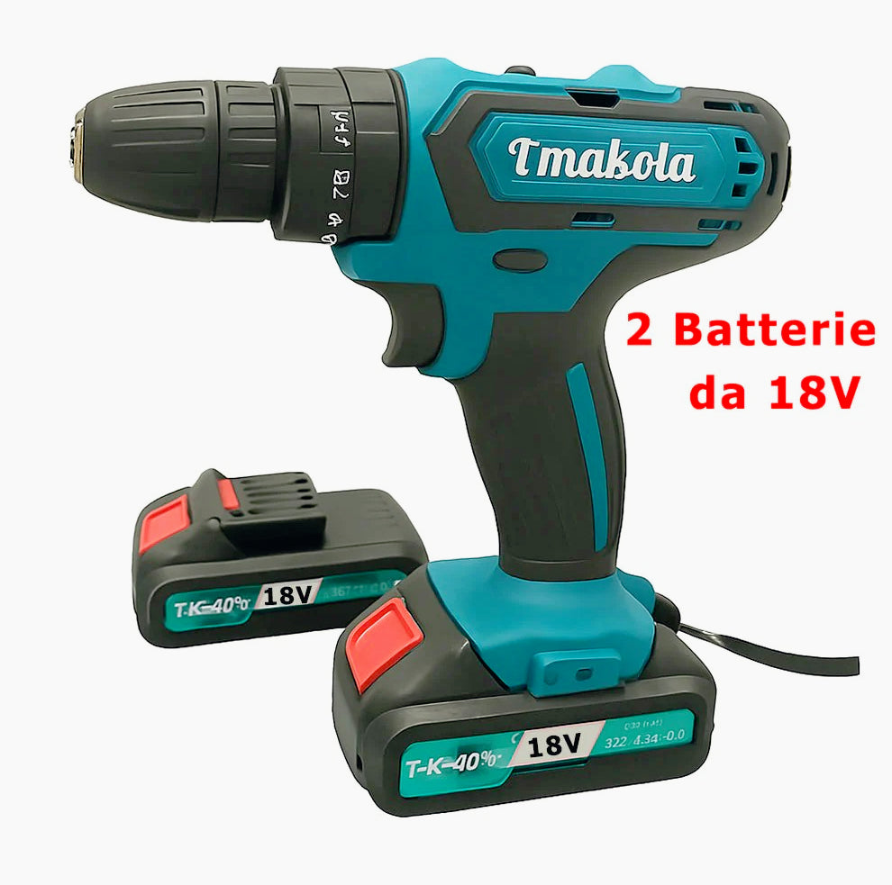 Trapano avvitatore 18V – 2 batterie, due velocità e accessori inclusi