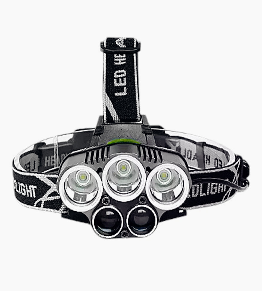 Torcia frontale ricaricabile – 5 LED (3 bianche + 2 blu), 5 modalità di luce