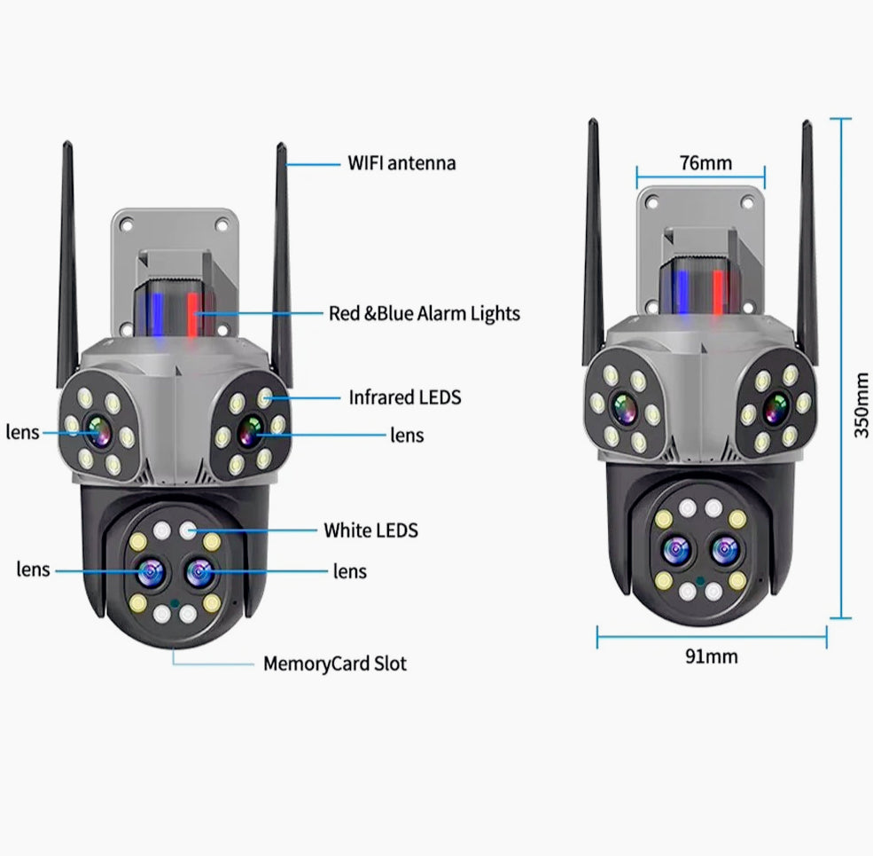 Telecamera Wi-Fi PTZ con zoom 10x, 3 obiettivi, 8MP (HD), allarme LED, protezione IP66