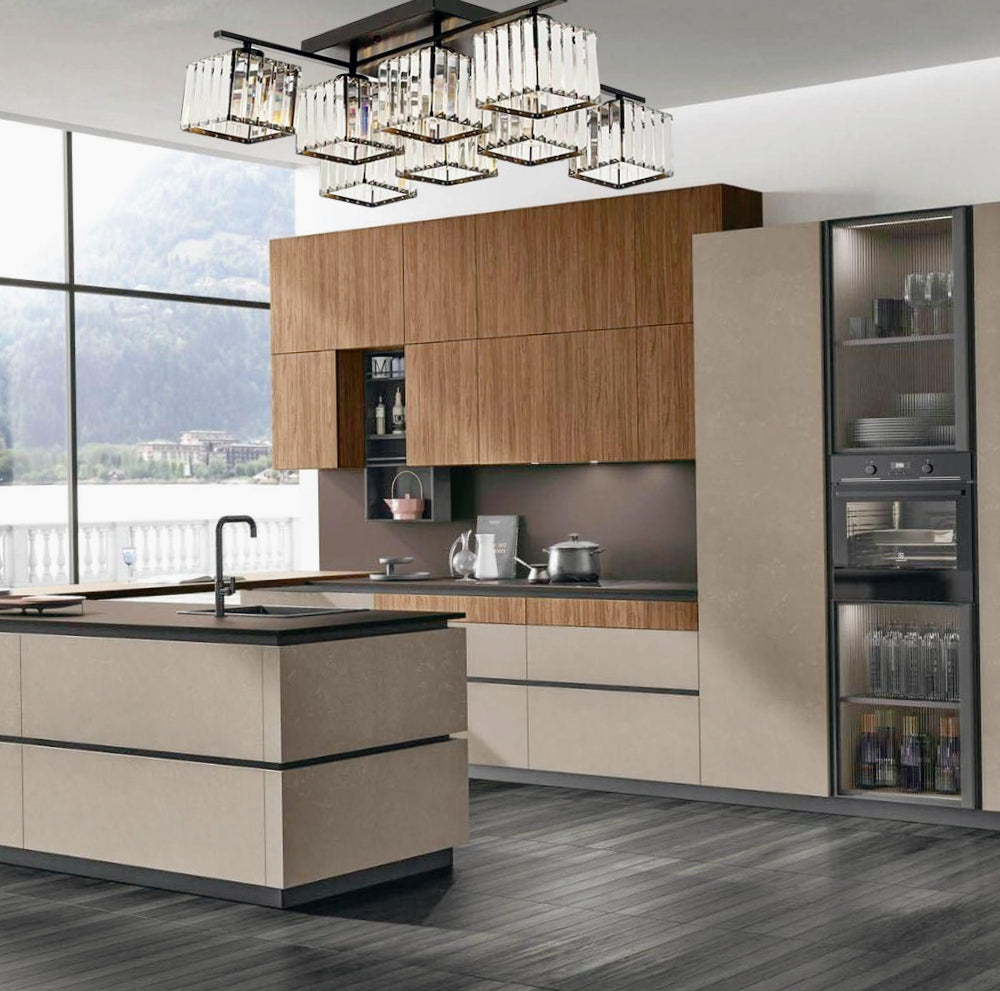 Plafoniera Contemporanea 8 Cubi in Vetro – Design in Metallo Nero con Base E27 - ambraled