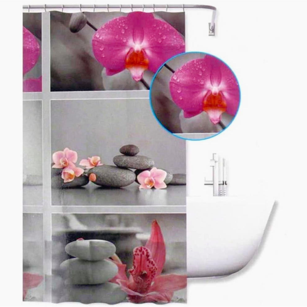 Tenda da doccia impermeabile in PVC – 180×180 cm, 12 ganci, motivo sassi e fiori