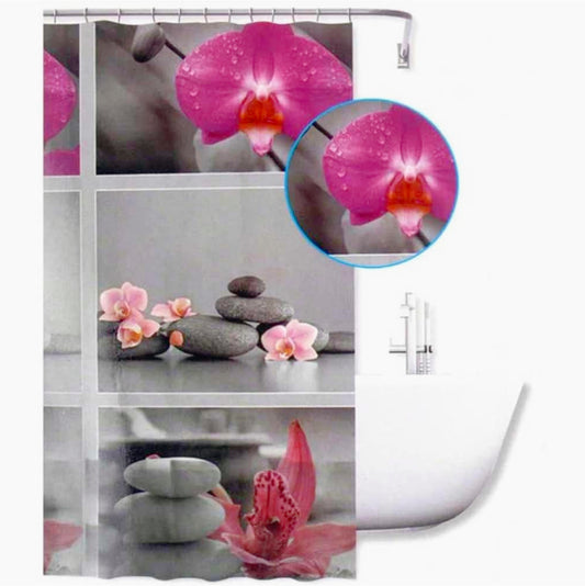 Tenda da doccia impermeabile in PVC – 180×180 cm, 12 ganci, motivo sassi e fiori