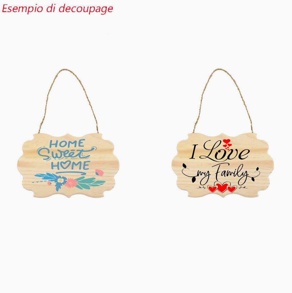 Targhetta vignetta in legno 2 pezzi con corda in canapa - Ideale per decoupage e decorazioni