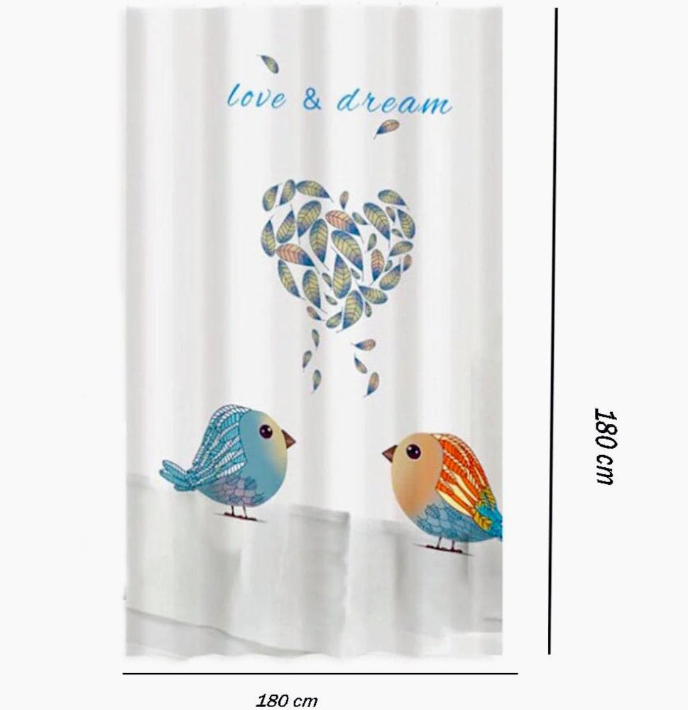 Tenda da doccia impermeabile in PVC – 180×180 cm, 12 ganci, motivo uccelli e cuori