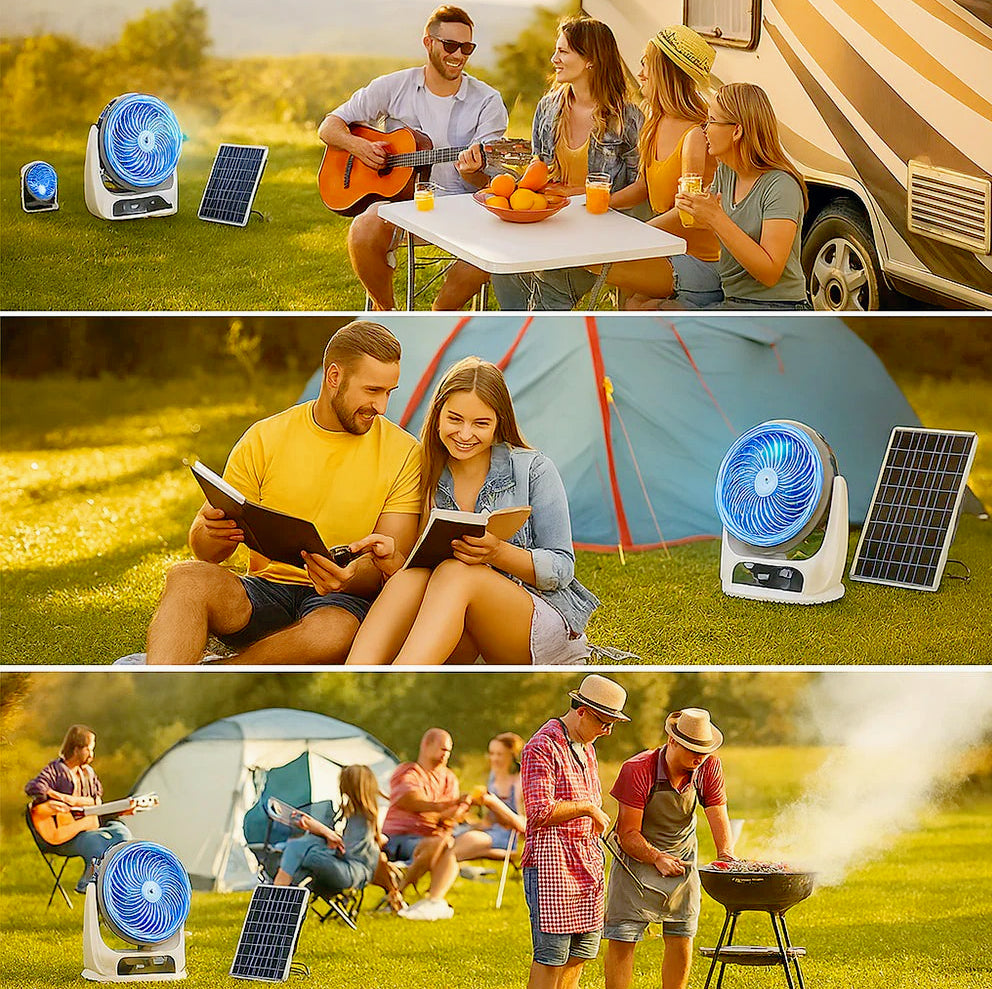 Ventilatore con pannello solare 2 velocità – Ricaricabile con Power Bank, dotato di lampadine integrate