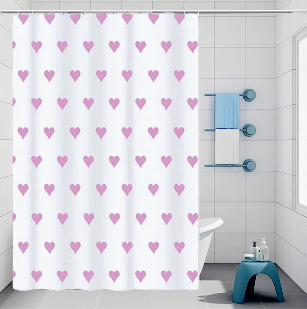 Tenda da doccia impermeabile in PVC – 180×200 cm, 12 ganci, motivo cuori rosa