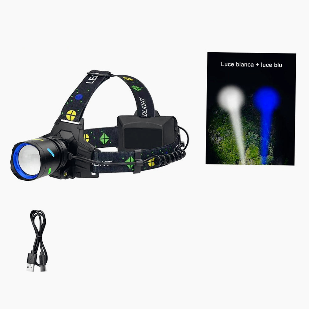Torcia frontale ricaricabile a 1 LED – Con zoom e 4 modalità di luce