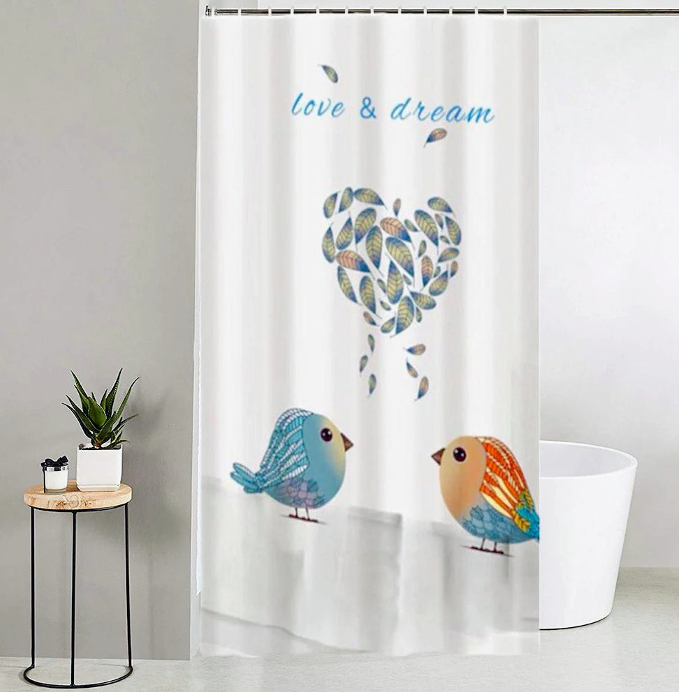 Tenda da doccia impermeabile in PVC – 180×180 cm, 12 ganci, motivo uccelli e cuori