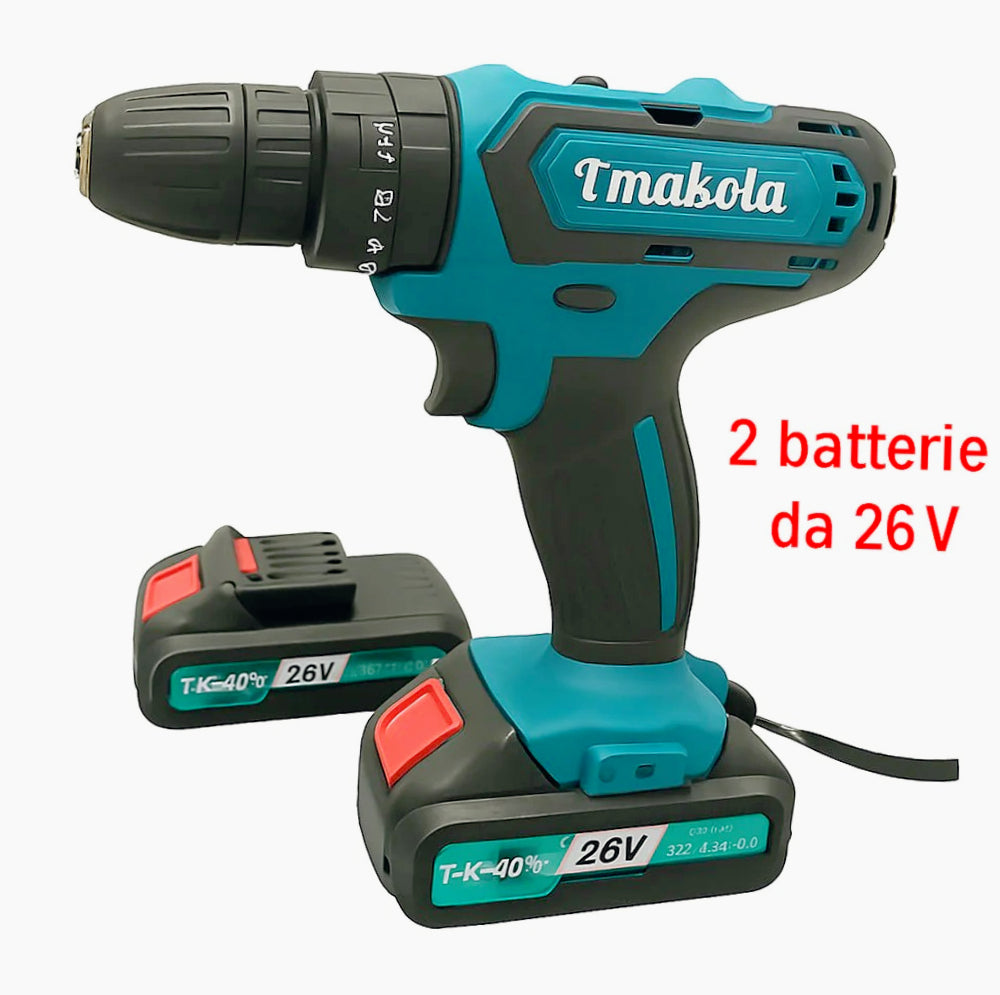 Trapano avvitatore 26V – 2 batterie, due velocità e accessori inclusi