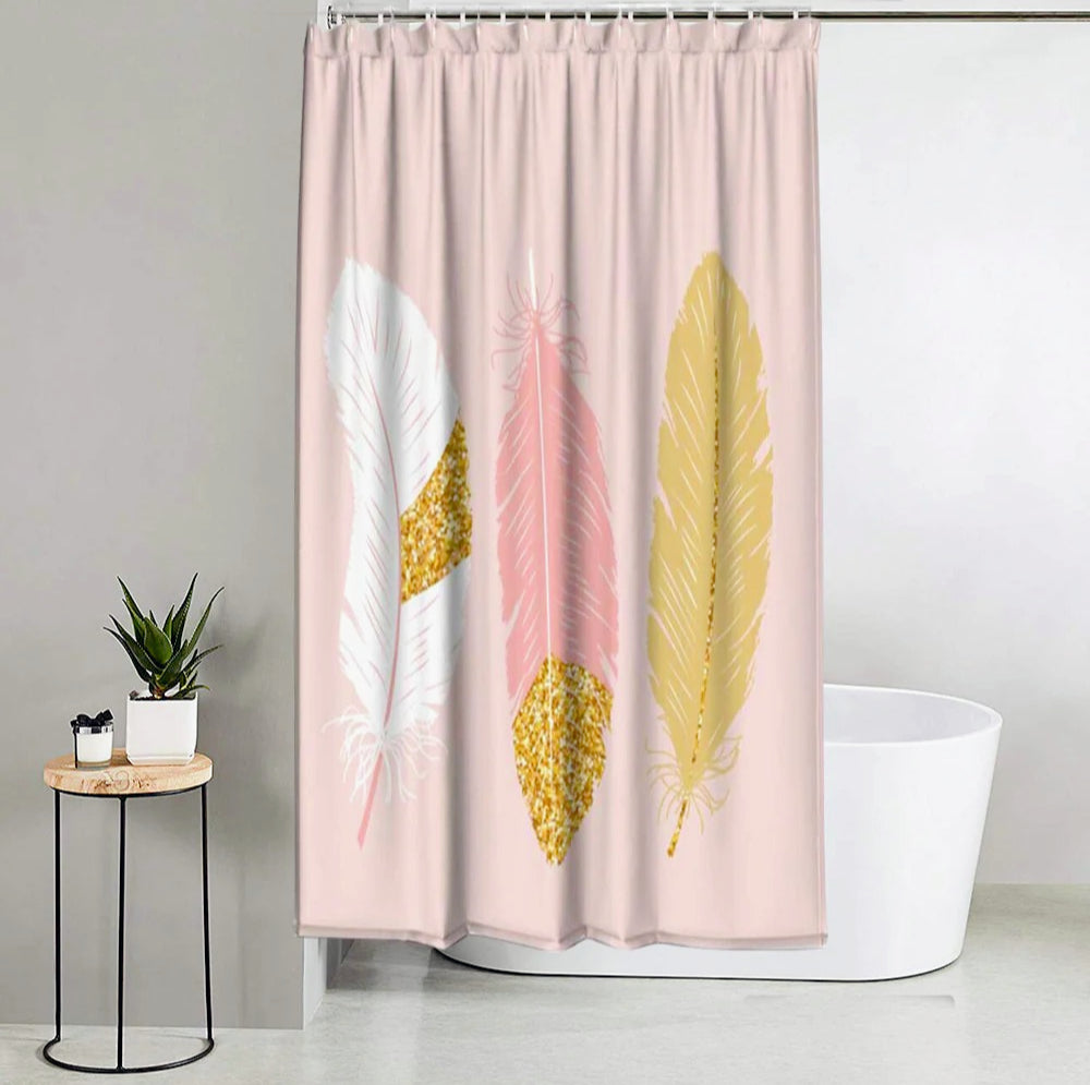 Tenda da doccia impermeabile in PVC – 180×200 cm, 12 ganci, motivo piume oro