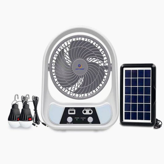 Ventilatore con pannello solare 2 velocità – Ricaricabile con Power Bank, dotato di lampadine integrate