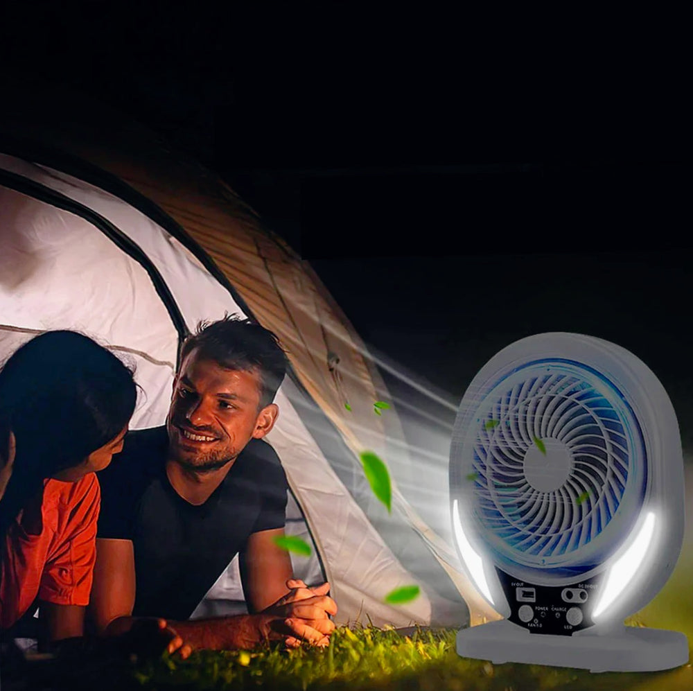 Ventilatore con pannello solare 2 velocità – Ricaricabile con Power Bank, dotato di lampadine integrate