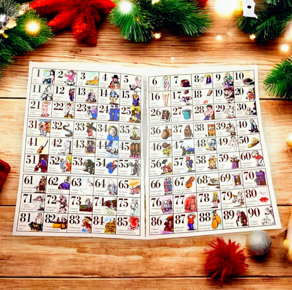 Tombola Napoletana Completa – Cartellone Smorfia, Cestino Numeri, Cartelle e Facciale