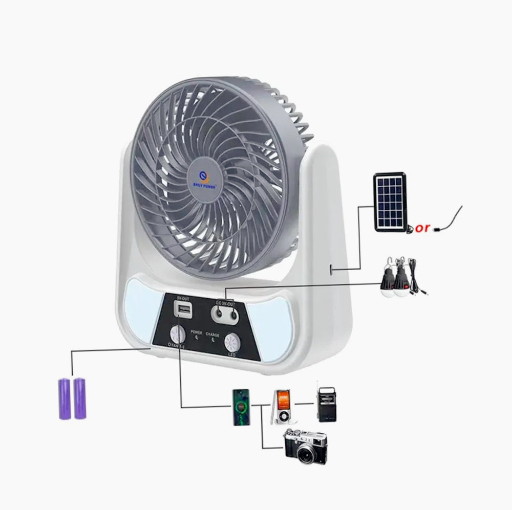 Ventilatore con pannello solare 2 velocità – Ricaricabile con Power Bank, dotato di lampadine integrate