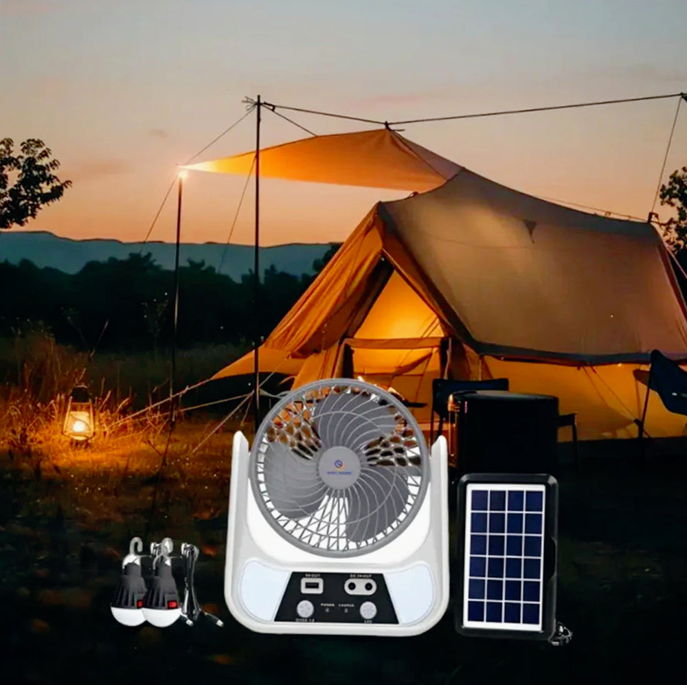 Ventilatore con pannello solare 2 velocità – Ricaricabile con Power Bank, dotato di lampadine integrate