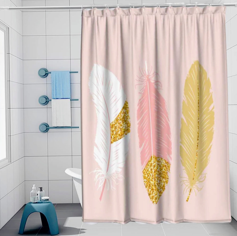 Tenda da doccia impermeabile in PVC – 180×200 cm, 12 ganci, motivo piume oro