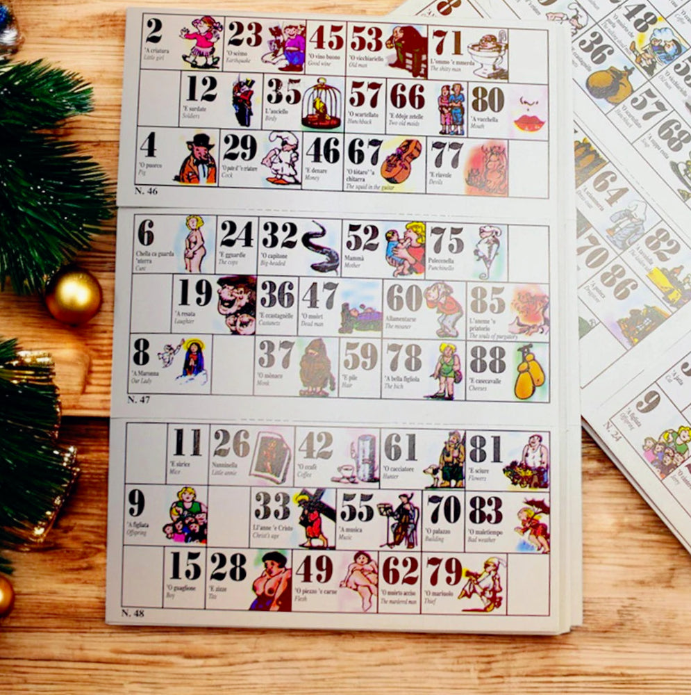 Tombola Napoletana Completa – Cartellone Smorfia, Cestino Numeri, Cartelle e Facciale