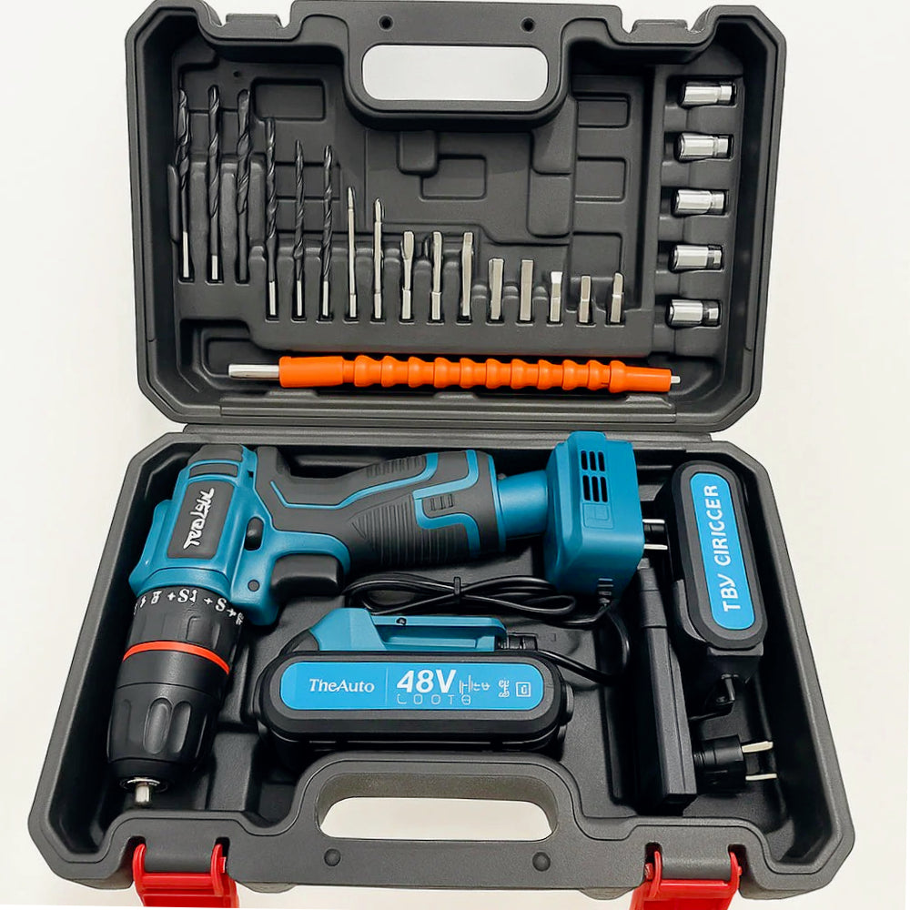 Trapano avvitatore 48V – 2 batterie, motore brushless e accessori inclusi