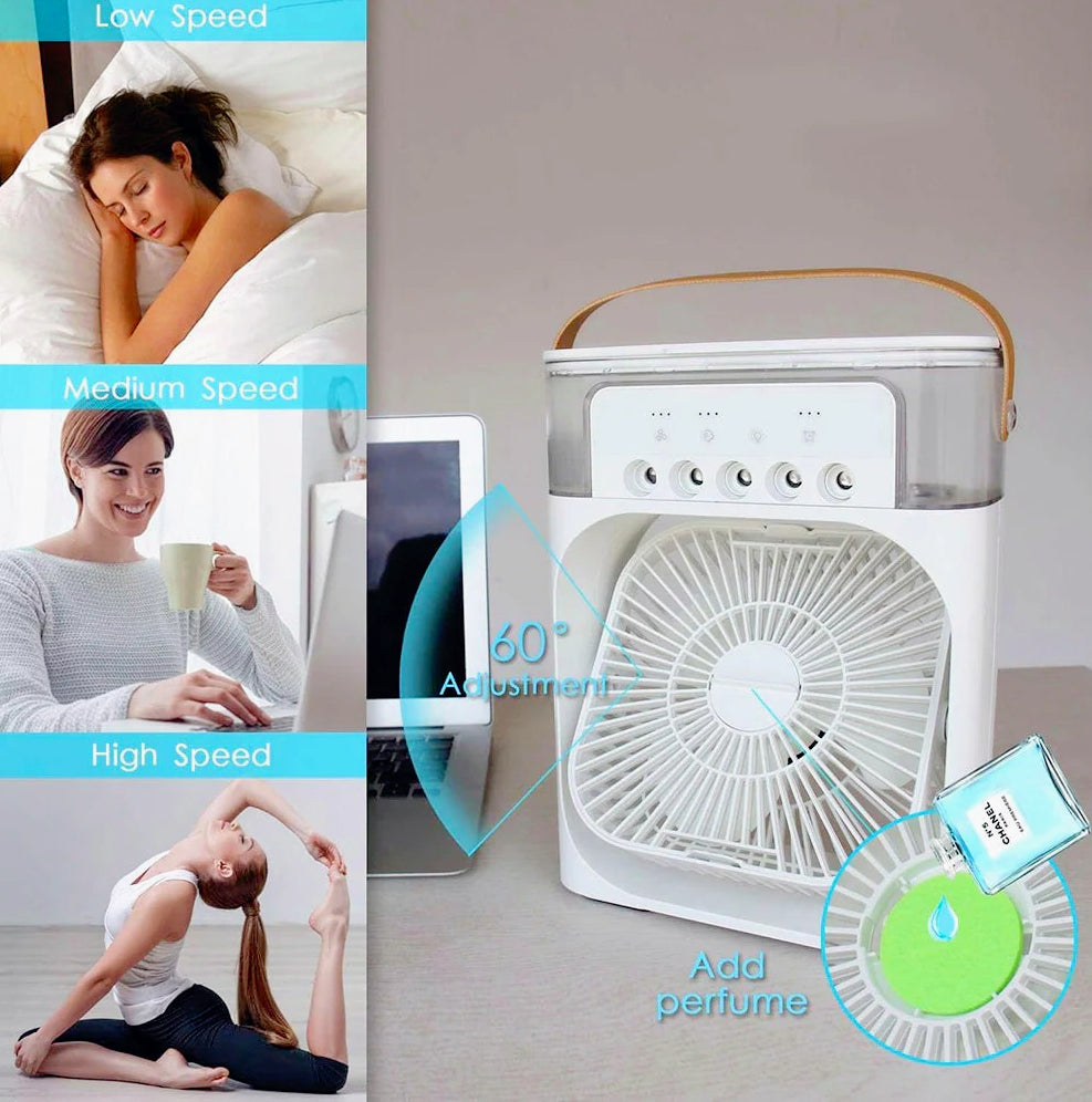 Ventilatore 3 velocità con vaporizzatore profumatore e luci LED – Multifunzione per freschezza, aroma e atmosfera