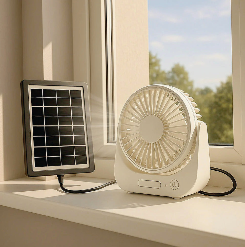 Ventilatore con pannello solare 3 velocità – Ricaricabile, ecologico e silenzioso