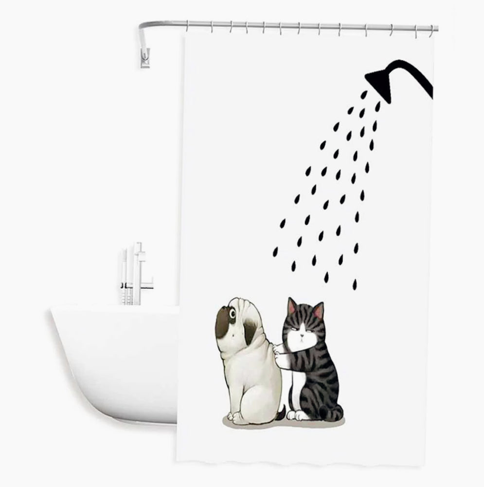 Tenda da doccia impermeabile in PVC – 180×200 cm, 12 ganci, motivo cane e gatto