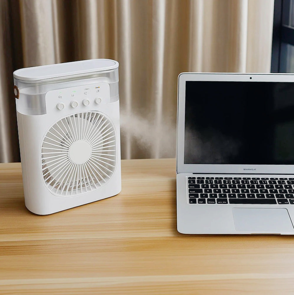 Ventilatore 3 velocità con vaporizzatore profumatore e luci LED – Multifunzione per freschezza, aroma e atmosfera