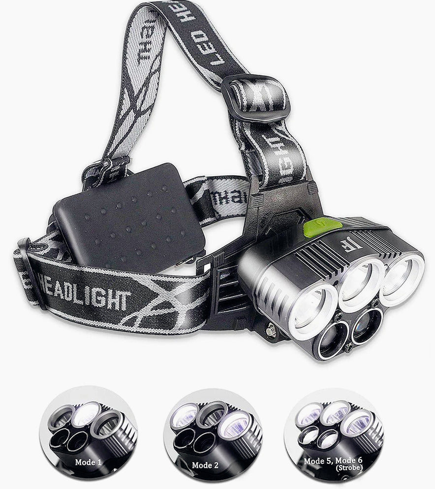 Torcia frontale ricaricabile – 5 LED (3 bianche + 2 blu), 5 modalità di luce