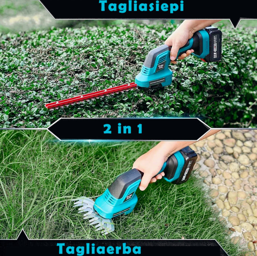 Tagliasiepi 2in1 con 2 lame, tagliaerba incluso, alimentato da doppia batteria 48V – Potenza e versatilità per il giardino