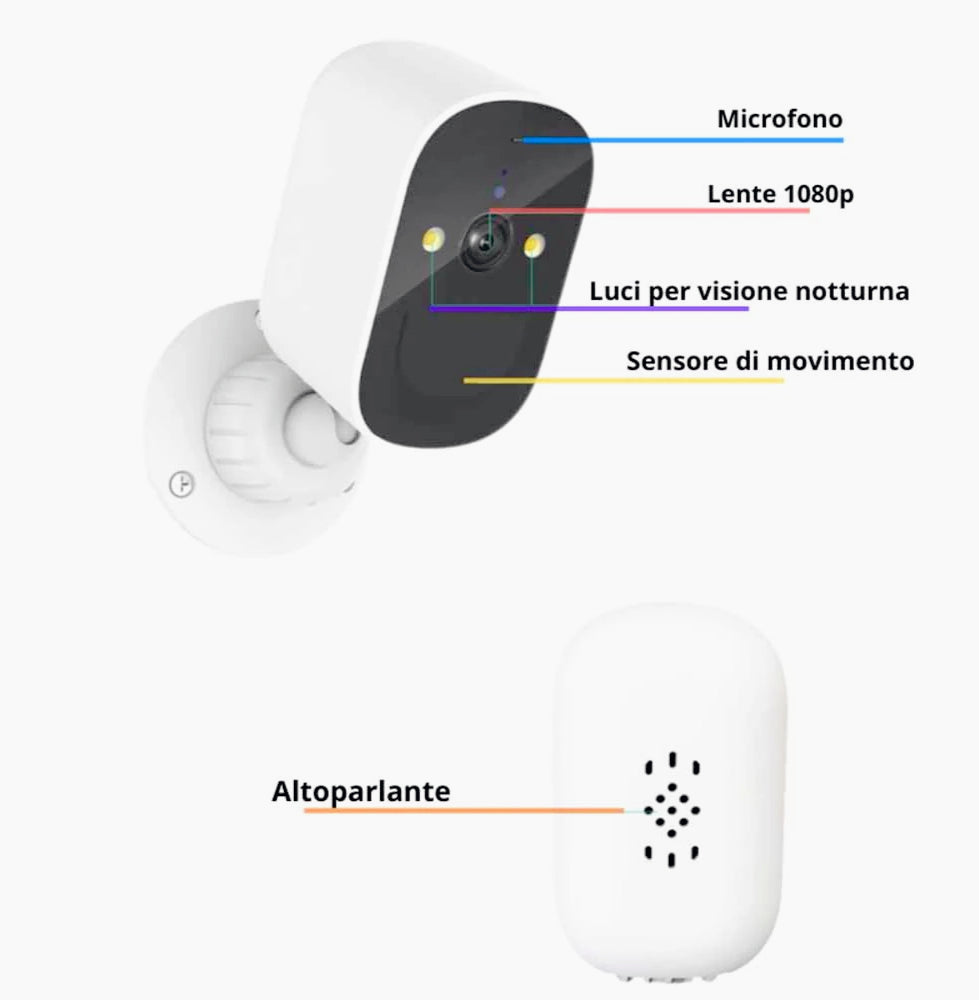 Telecamera Wi-Fi ricaricabile con infrarossi, a batteria, protezione IP66