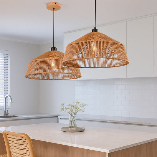 Lampadario a sospensione con corda intrecciata rattan attacco E27 - ambraled
