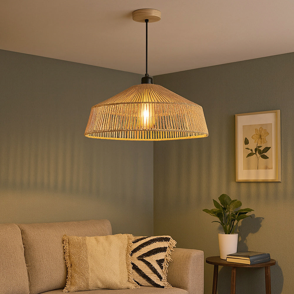 Lampadario a sospensione con corda intrecciata rattan attacco E27 - ambraled