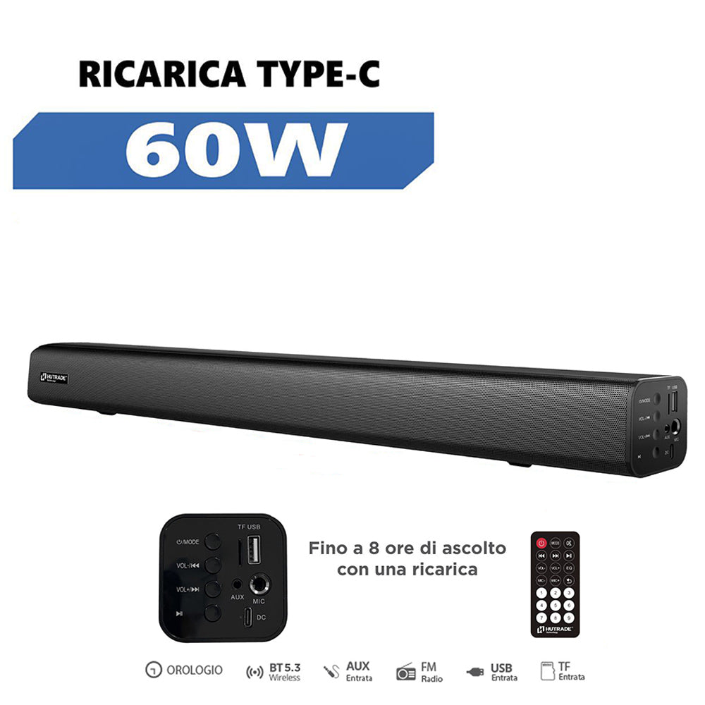 Soundbar ricaricabile 60W bluetooth con orologio radio telecomando - ambraled