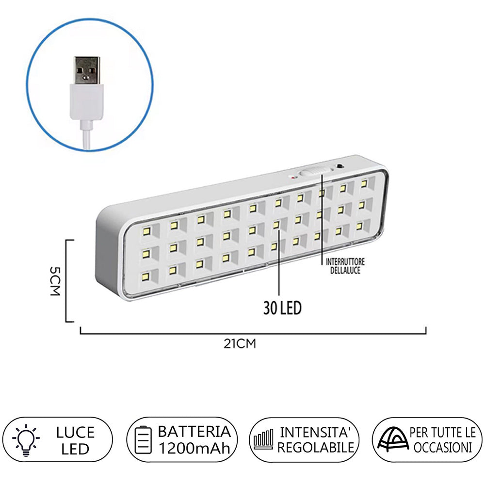 Lampada torcia emergenza ricaricabile USB 30 e 60 led dimmerabile - ambraled