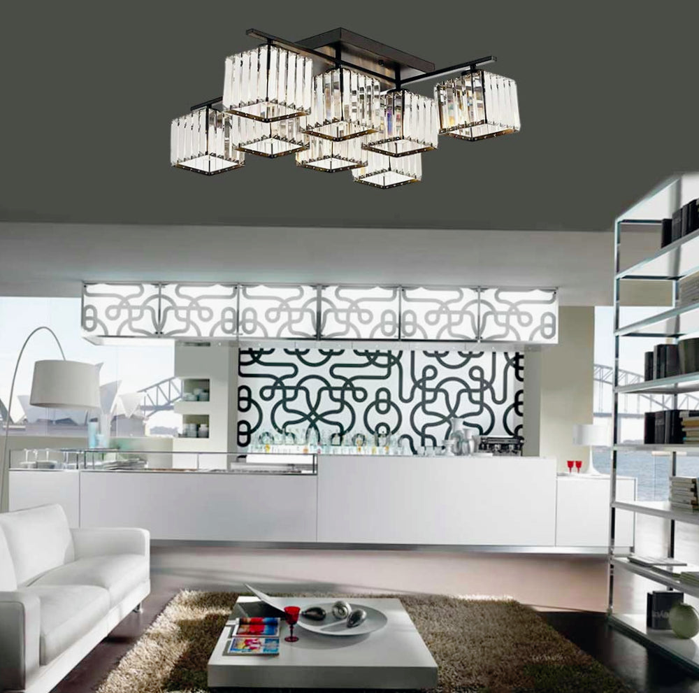 Plafoniera Contemporanea 8 Cubi in Vetro – Design in Metallo Nero con Base E27 - ambraled