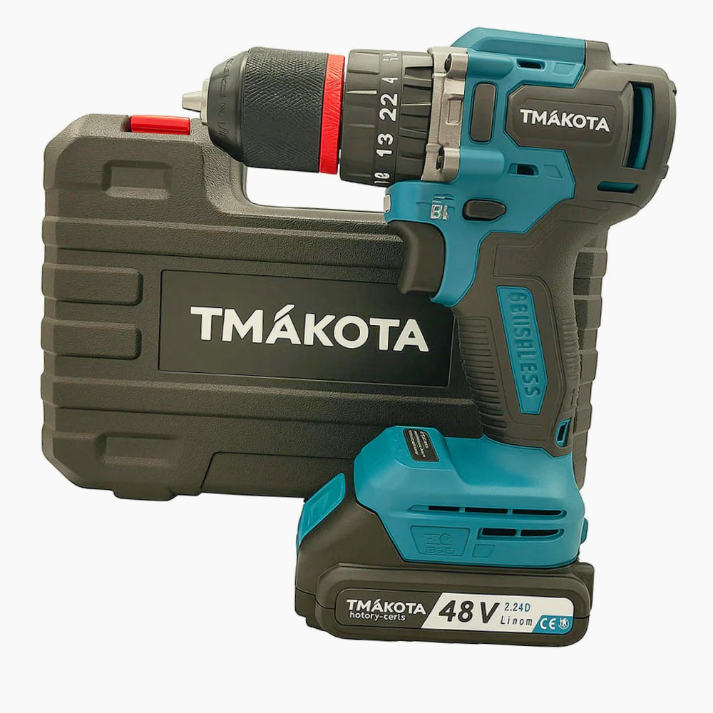 Trapano avvitatore 48V – 2 batterie, motore brushless e accessori inclusi