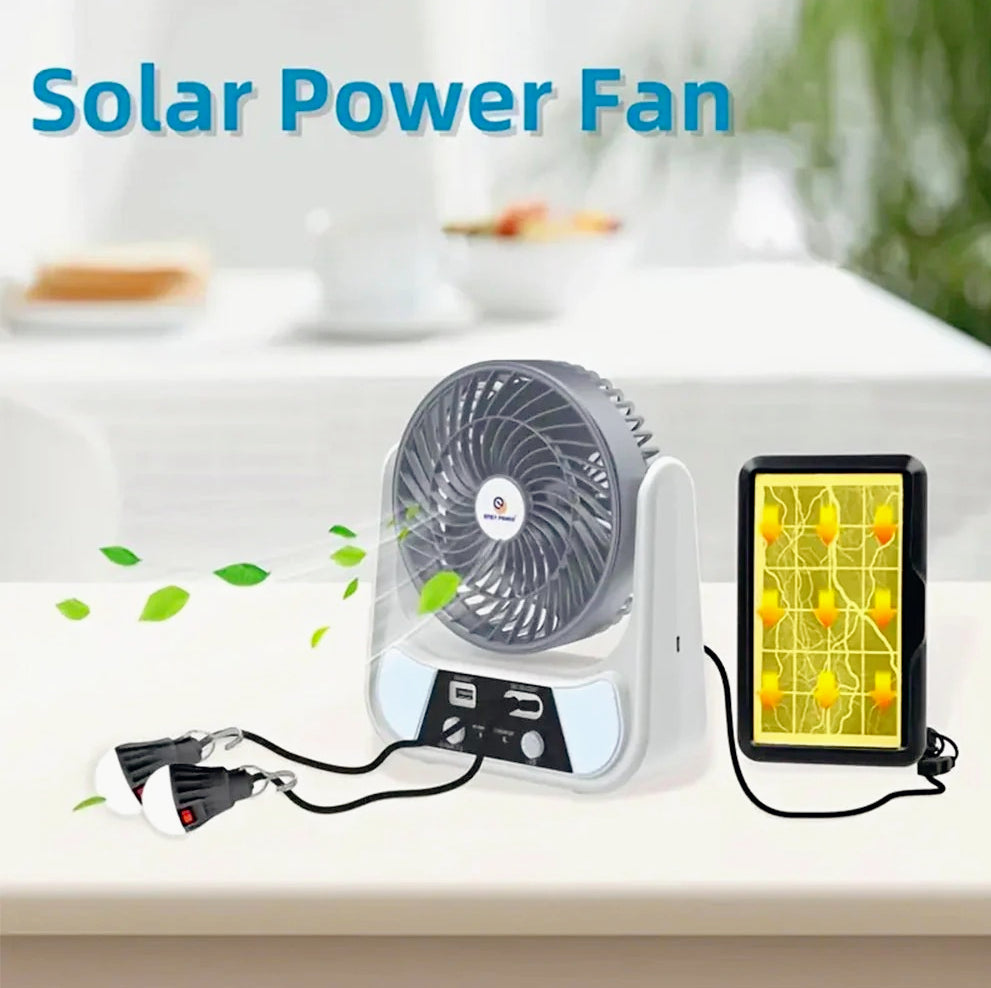 Ventilatore con pannello solare 2 velocità – Ricaricabile con Power Bank, dotato di lampadine integrate