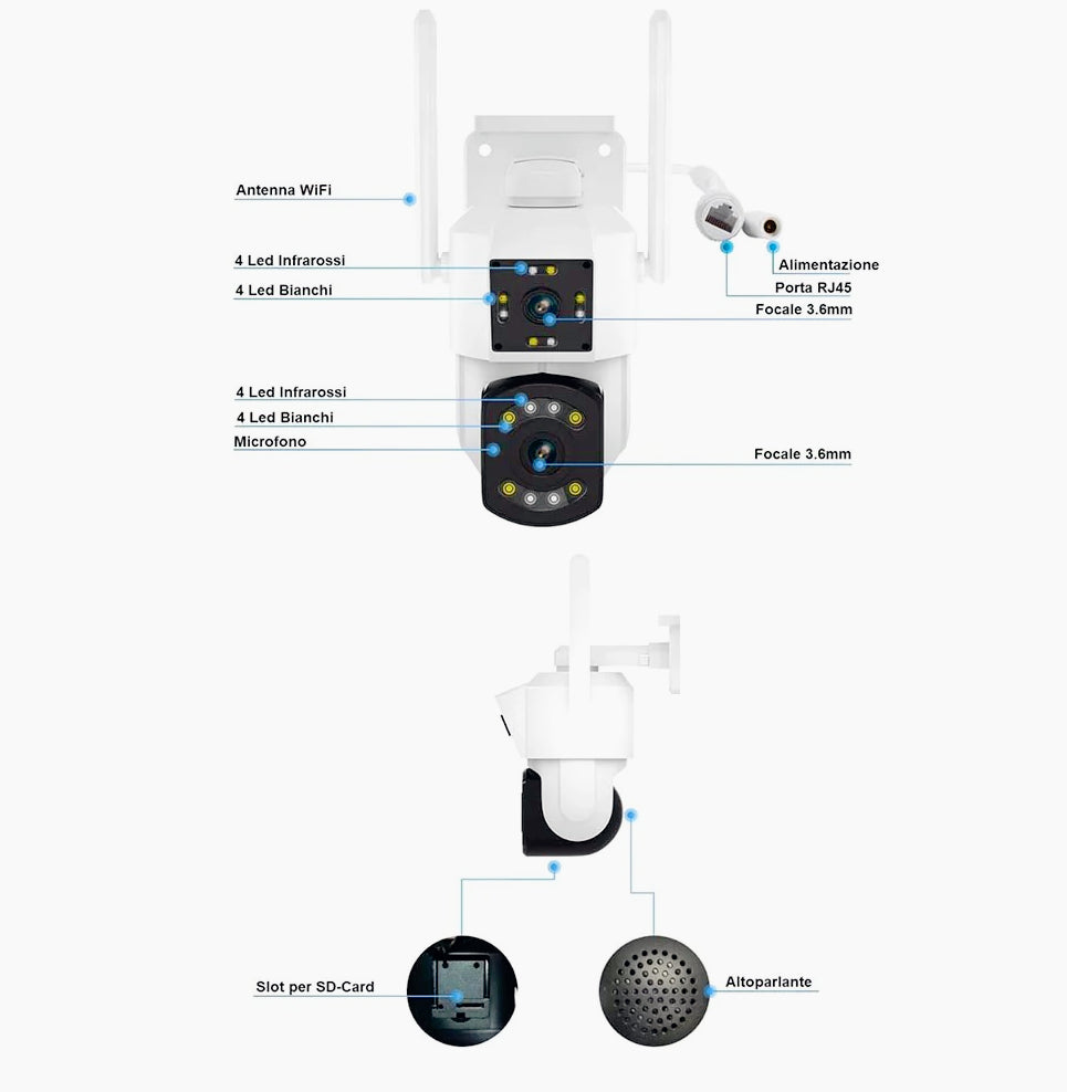 Telecamera Wi-Fi 2 obiettivi motorizzata con zoom, audio e video – Protezione IP66