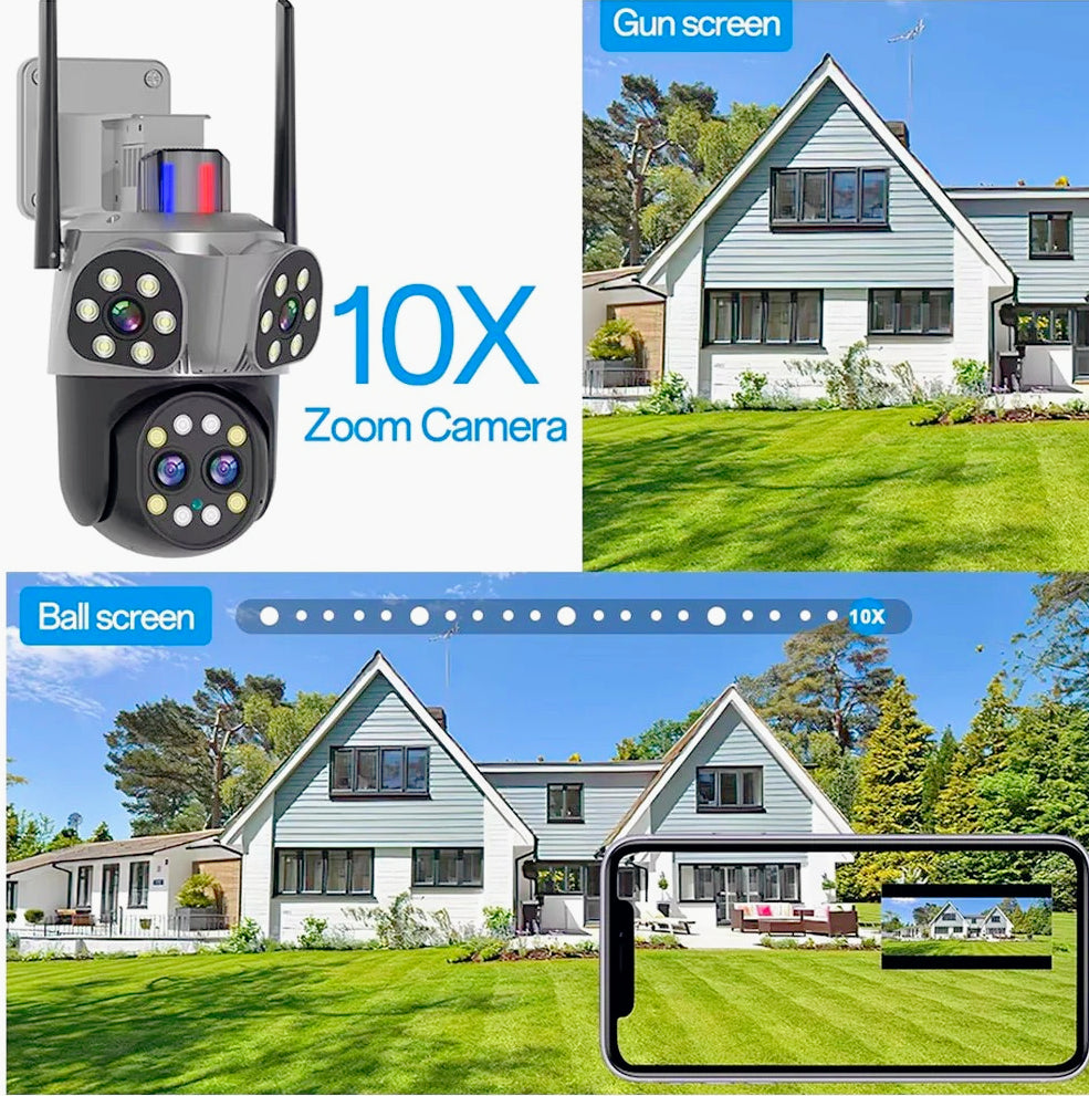 Telecamera Wi-Fi PTZ con zoom 10x, 3 obiettivi, 8MP (HD), allarme LED, protezione IP66