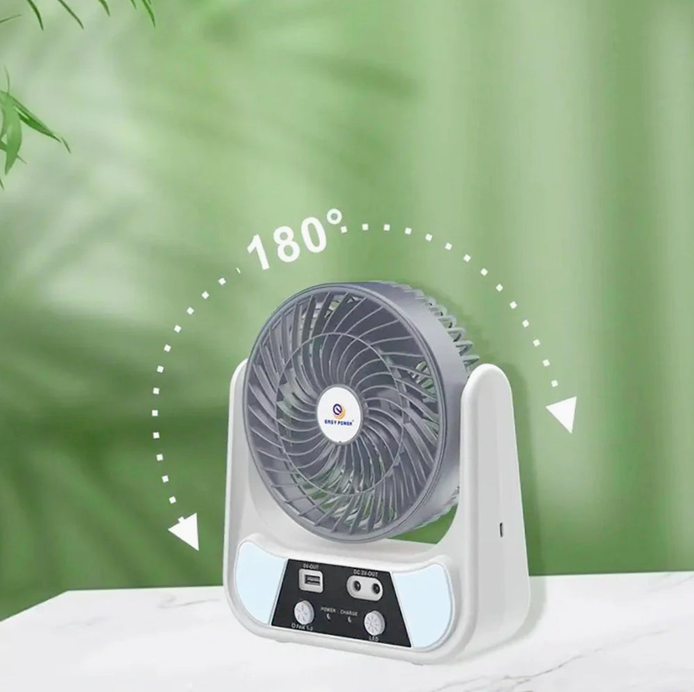 Ventilatore con pannello solare 2 velocità – Ricaricabile con Power Bank, dotato di lampadine integrate
