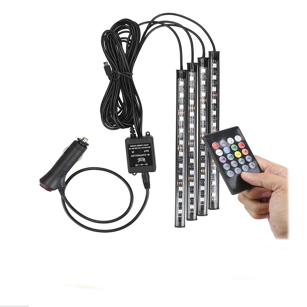 Strip LED auto 4 barre 12 LED RGB 12V cavo accendisigari telecomando - ambraled