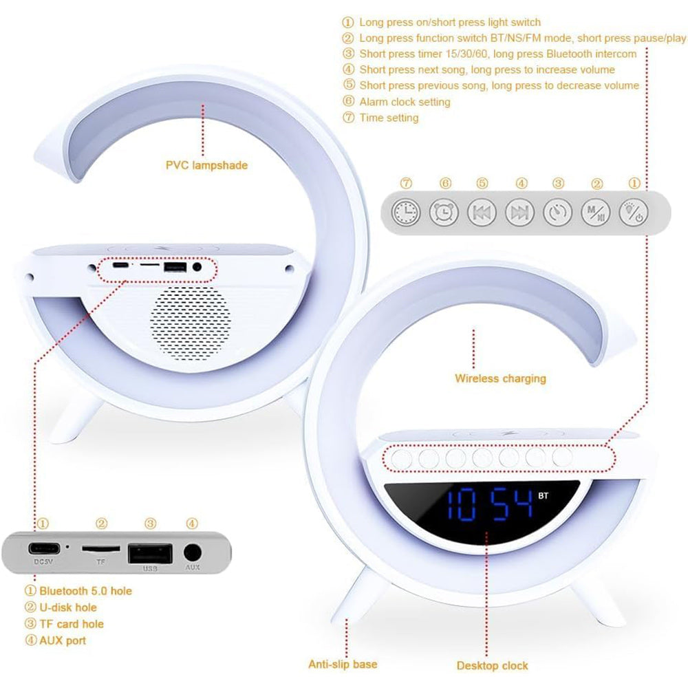 Speaker bluetooth RGB con lampada ricarica induzione orologio sveglia - ambraled